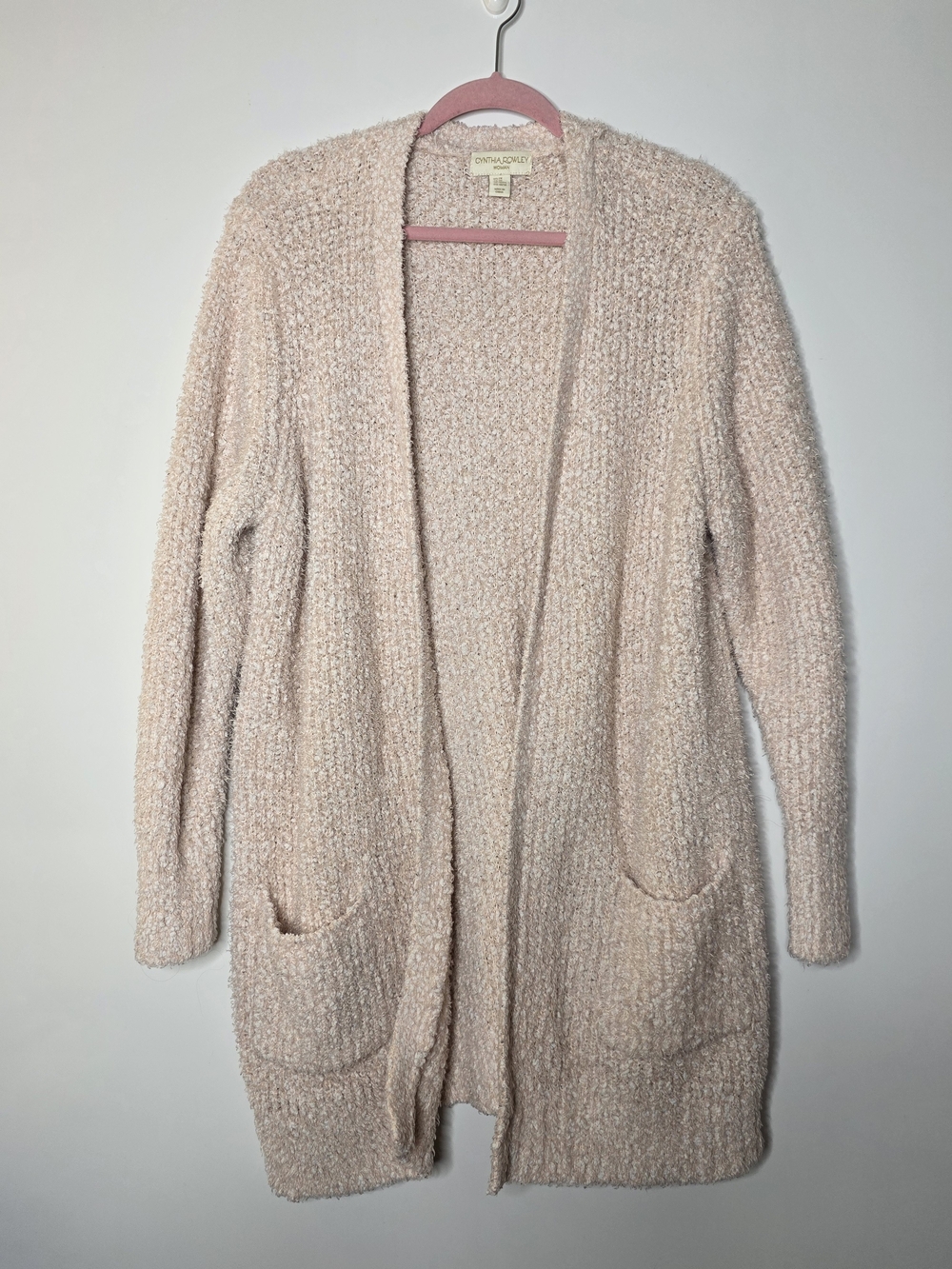 Cynthia Rowley popcorn Knit Cozy Open-Front Pink Cardigan Sweater Longline